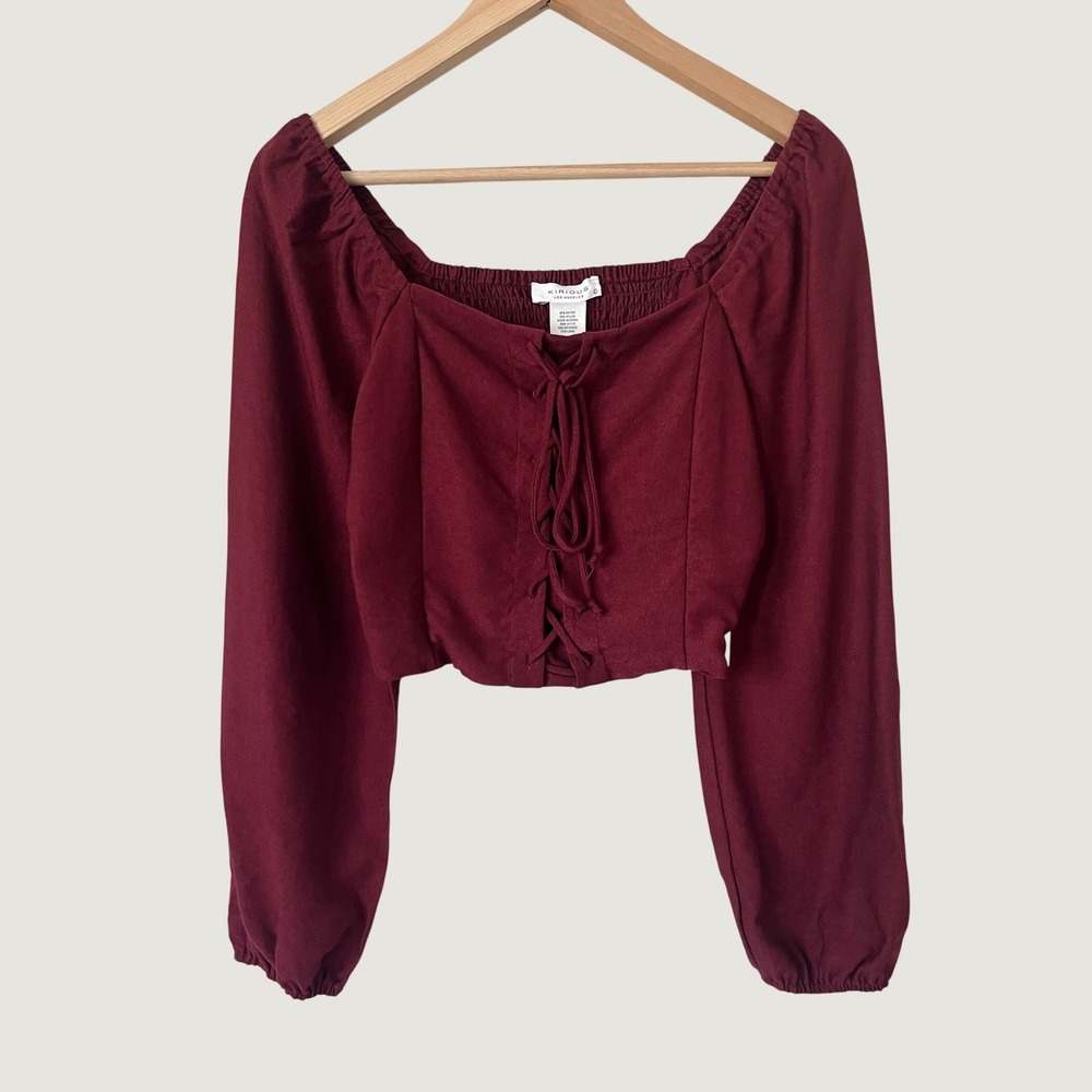 Kirious Los Angeles Burgundy Lace Up Front Smocked Back Crop Top Blouse L